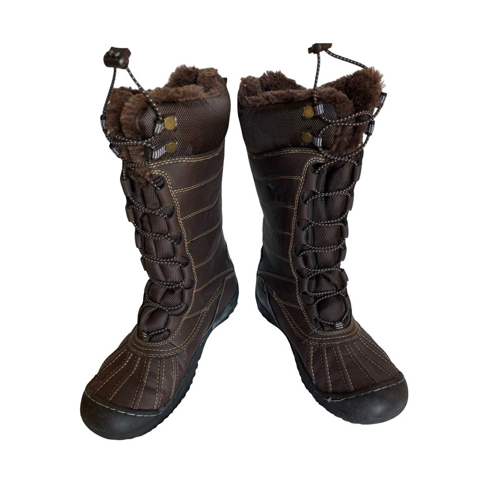 J41 Avery Boots Womens Size 8.5 Brown Faux Fur Winter Duck Boot Front Lace EUC
